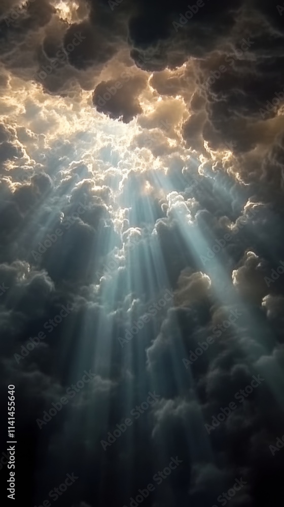 Fototapeta premium Sunbeams through dramatic clouds, atmospheric sky