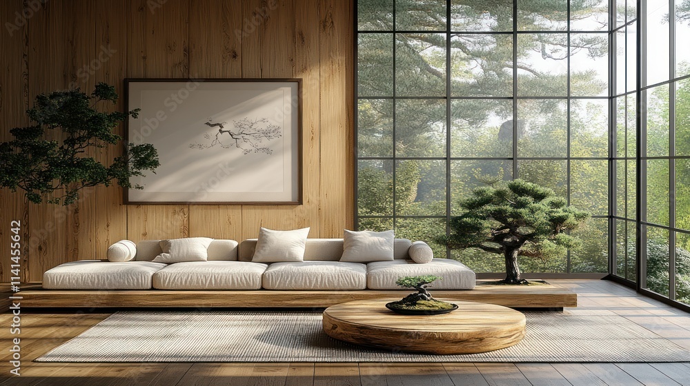 Modern serene living room with natural elements Modern serene living room with natural elements