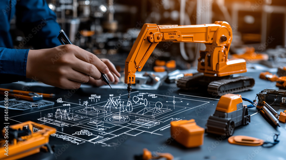 Fototapeta premium Creating detailed blueprint with construction tools and machinery
