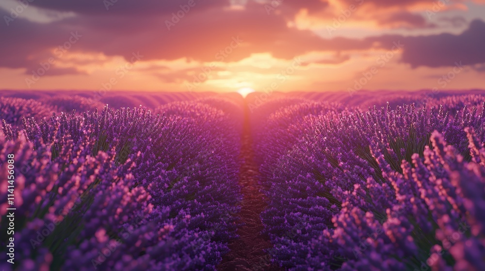 Fototapeta premium A lavender field in early evening, with rows of purple blooms leading toward a glowing horizon. The scent of lavender fills the air, creating a serene environment 