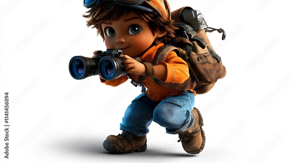 Young Adventurer Explores with Binoculars: A vibrant, animated boy, equipped with goggles, backpack, and binoculars, embarks on a thrilling quest. Young Adventurer Explores with Binoculars: A vibrant, animated boy, equipped with goggles, backpack, and binoculars, embarks on a thrilling quest.