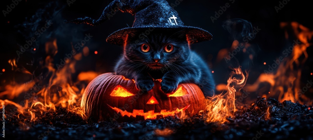 Black Cat with Witch Hat on a Glowing Pumpkin Black Cat with Witch Hat on a Glowing Pumpkin