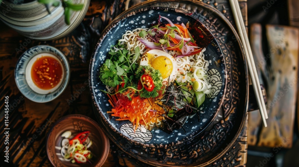 A top view of a beautifully arranged donburi bowl on a rustic Japanese plate A top view of a beautifully arranged donburi bowl on a rustic Japanese plate