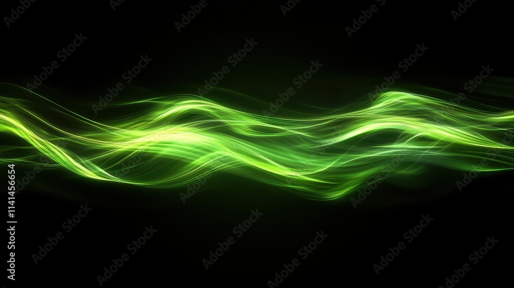 Obraz premium Abstract green light waves flow across black. Ideal for backgrounds, websites, or energy themes.