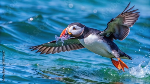 Atlantic Puffin Flying Low Over Ocean Waves, Catching Fish in Beak