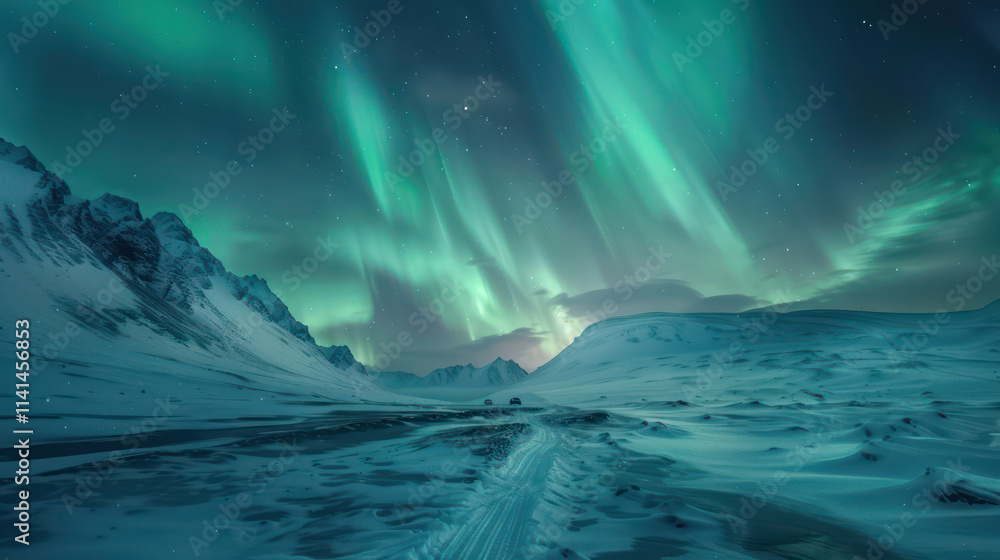 Fototapeta premium Breathtaking aurora borealis illuminates snowy landscape at night