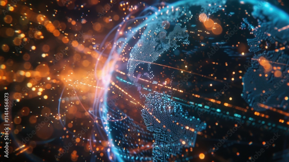 Obraz premium Orange and light blue data streams flowing around digital earth globe rotating in space with north and south america continents highlighted, symbolizing global communication and big data analysis