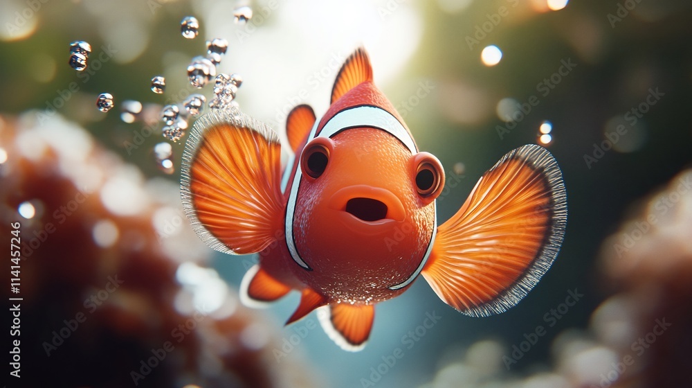 A curious clownfish explores its vibrant coral reef home, surrounded by shimmering bubbles and dappled sunlight. A curious clownfish explores its vibrant coral reef home, surrounded by shimmering bubbles and dappled sunlight.