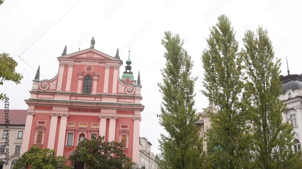 panoramic view of The Franciscan Church of the Annunciation located on Prešeren Square in Ljubljana, the capital of Slovenia panoramic view of The Franciscan Church of the Annunciation located on Prešeren Square in Ljubljana, the capital of Slovenia