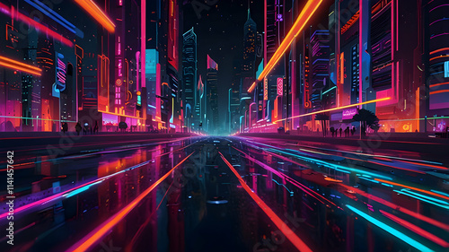 Neon Cityscape at Night: Futuristic Urban Streetscape with Vibrant Lights and Reflections photo