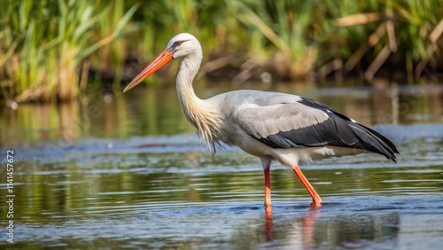 White Stork Wading in Shallow Water with Green Background