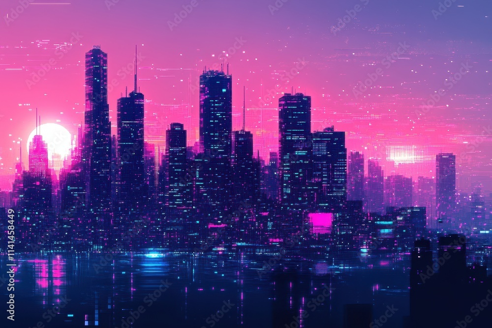 Fototapeta premium Futuristic City Skyline at Sunset Digital Art