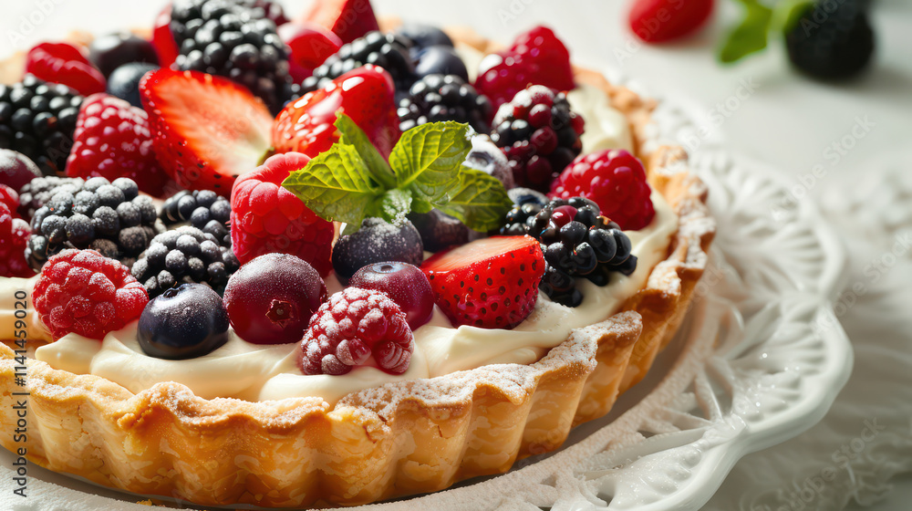 Delicious fruit tart topped with fresh berries and mint leaves Delicious fruit tart topped with fresh berries and mint leaves