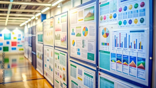 Distant blur of colorful posters and diagrams highlighting scientific concepts, blur, colorful, posters, diagrams