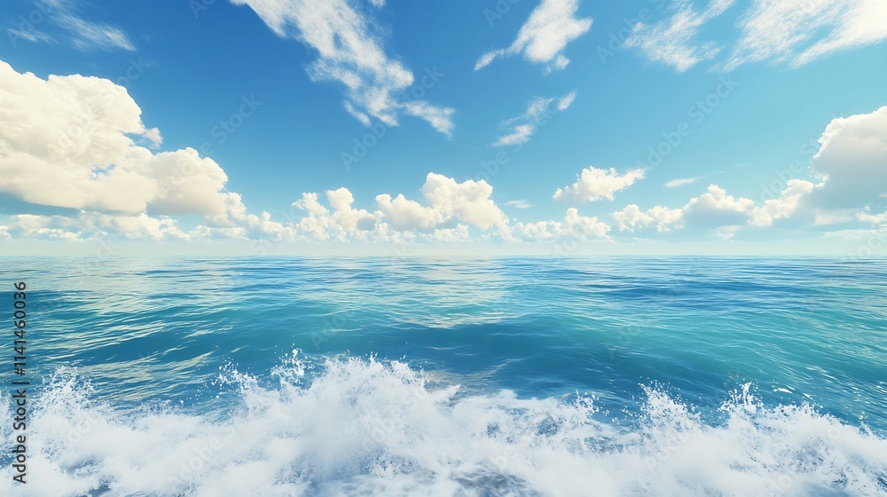 Ocean Waves Crashing on Shore Under a Sunny Sky - 3D Render. AI Generated Ocean Waves Crashing on Shore Under a Sunny Sky - 3D Render. AI Generated