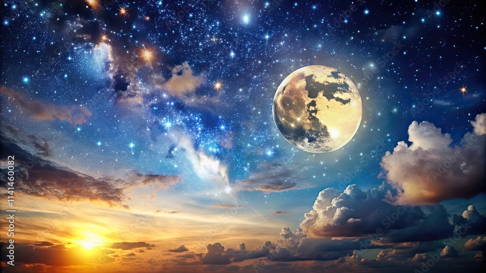 Dramatic night sky filled with bright stars and a glowing full moon, night, sky, dramatic, stars, moon, celestial, astronomy Dramatic night sky filled with bright stars and a glowing full moon, night, sky, dramatic, stars, moon, celestial, astronomy