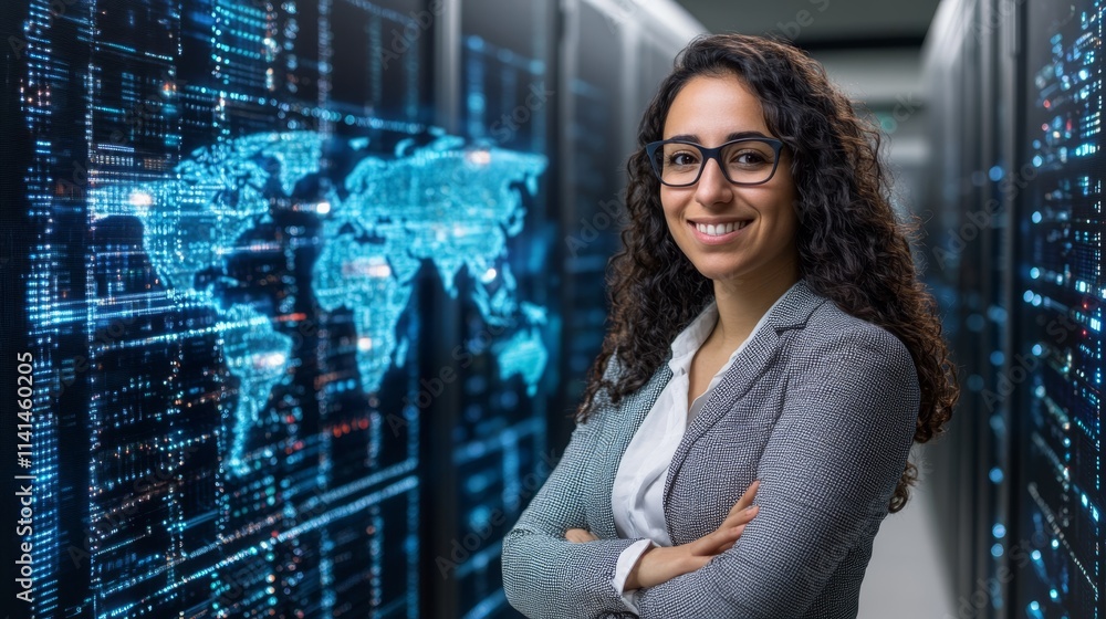 A confident woman stands in a high-tech data center, smiling with arms crossed, surrounded by glowing digital networks and a world map. A confident woman stands in a high-tech data center, smiling with arms crossed, surrounded by glowing digital networks and a world map.