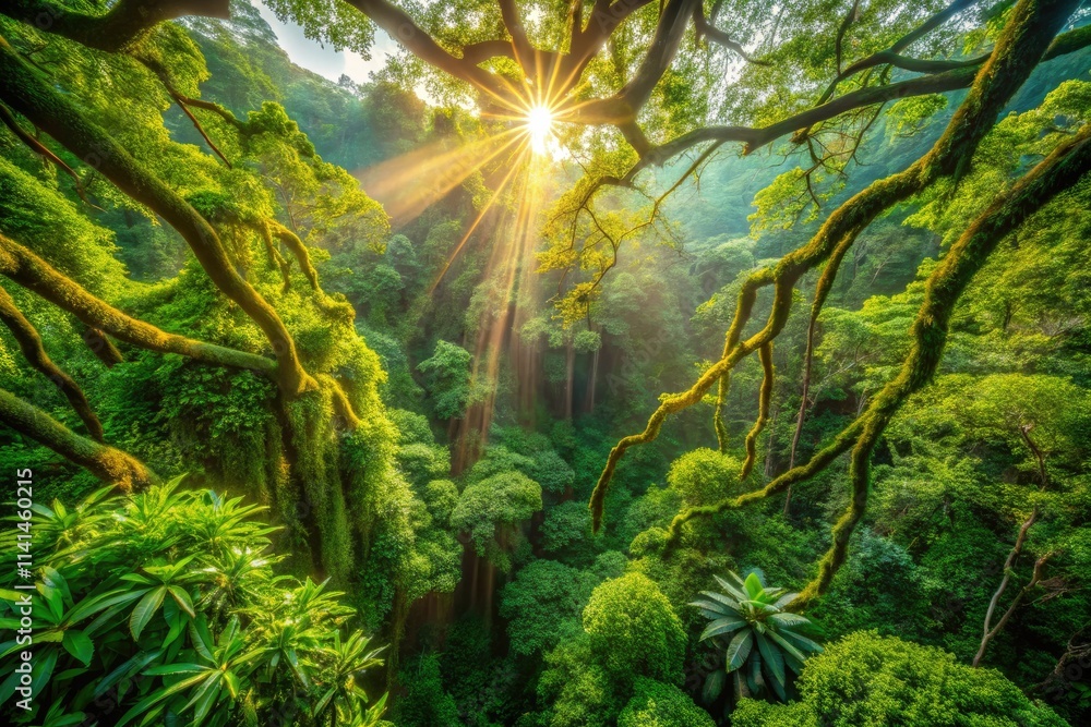 Fototapeta premium Aerial view: Sunlight dapples the rainforest floor, vines weaving through emerald branches.