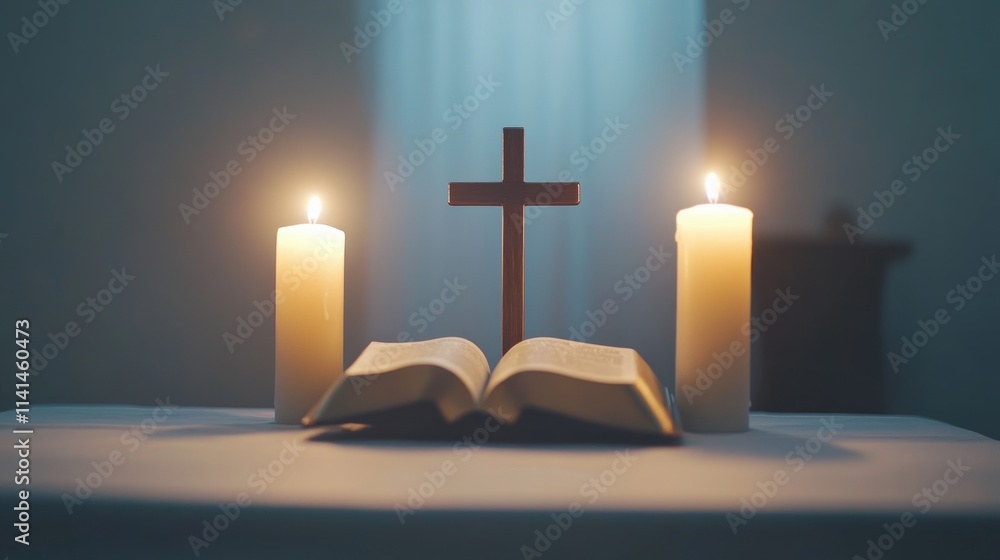 Cross with burning candles and Bible on white table. Religion of Christianity Cross with burning candles and Bible on white table. Religion of Christianity