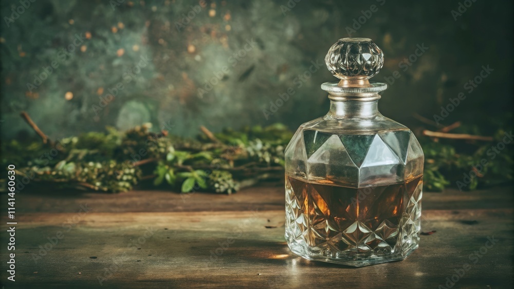 Antique Crystal Decanter with Dark Liquid on Wooden Surface Antique Crystal Decanter with Dark Liquid on Wooden Surface