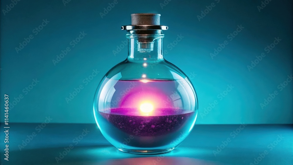 Glass Bottle with Purple and Yellow Liquid on a Blue Background Glass Bottle with Purple and Yellow Liquid on a Blue Background