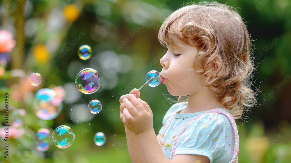 A joyful girl blowing bubbles in vibrant garden, surrounded by natures beauty A joyful girl blowing bubbles in vibrant garden, surrounded by natures beauty