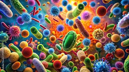 Closeup view of colorful bacteria and microbes under a microscope, microscopic, closeup, bacteria, microbes