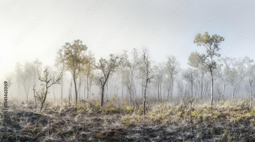A misty forest landscape with sparse trees and undergrowth, evoking a serene atmosphere. A misty forest landscape with sparse trees and undergrowth, evoking a serene atmosphere.
