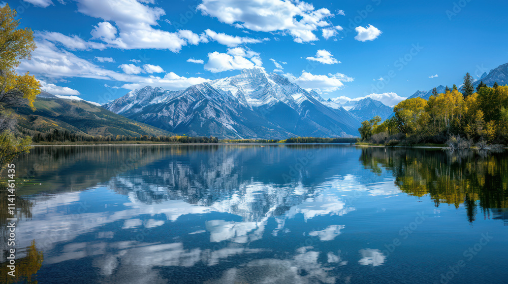 Fototapeta premium Breathtaking mountain landscape with serene lake reflections and vibrant autumn colors