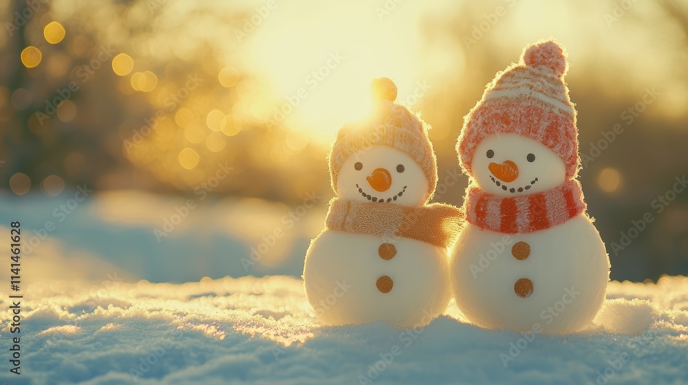 Obraz premium Two little snowmen in the snow, lovely, warm mood, realistic, photography, atmosphere, clear, white background