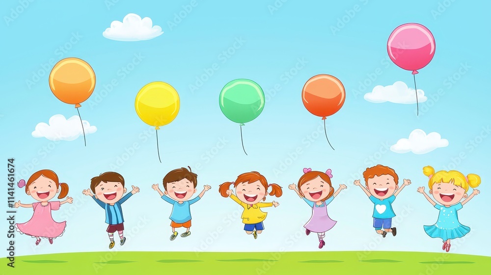 A joyful scene of children with colorful balloons playing in a sunny park. A joyful scene of children with colorful balloons playing in a sunny park.
