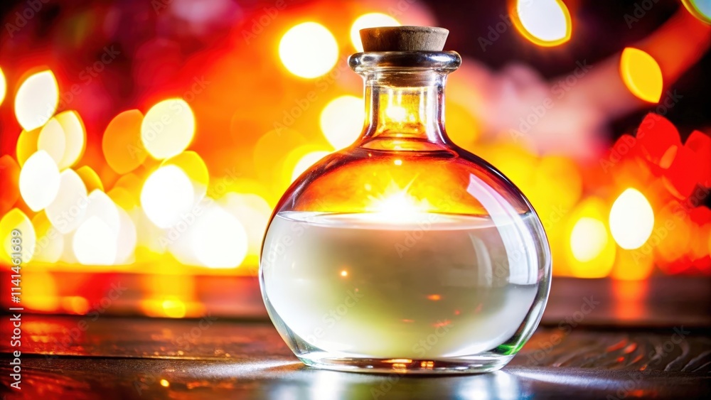 Glass Bottle Filled with White Liquid Against a Bokeh Background Glass Bottle Filled with White Liquid Against a Bokeh Background