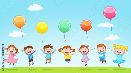 A joyful scene of children with colorful balloons playing in a sunny park.