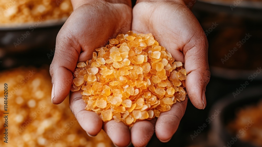 A person's hand holds a handful of yellowish granules, surrounded by more in the background. A person's hand holds a handful of yellowish granules, surrounded by more in the background.