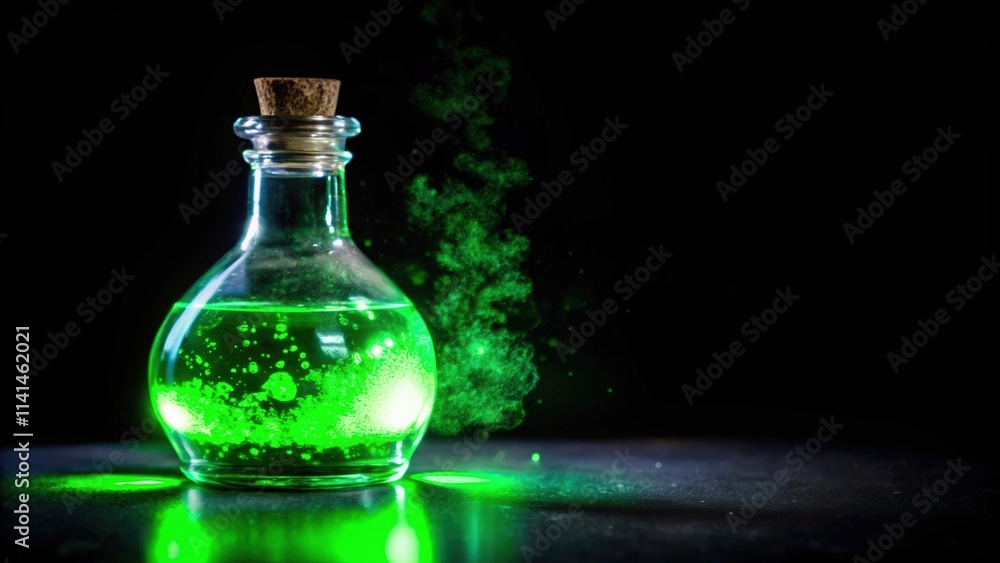 Glowing Green Potion in a Glass Bottle with a Cork Stopper Glowing Green Potion in a Glass Bottle with a Cork Stopper