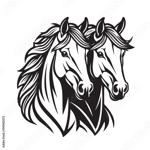 Stylized black-and-white vector illustration of two horse heads with flowing manes, showcasing elegance, symmetry, and bold line art. Wildlife Animals.