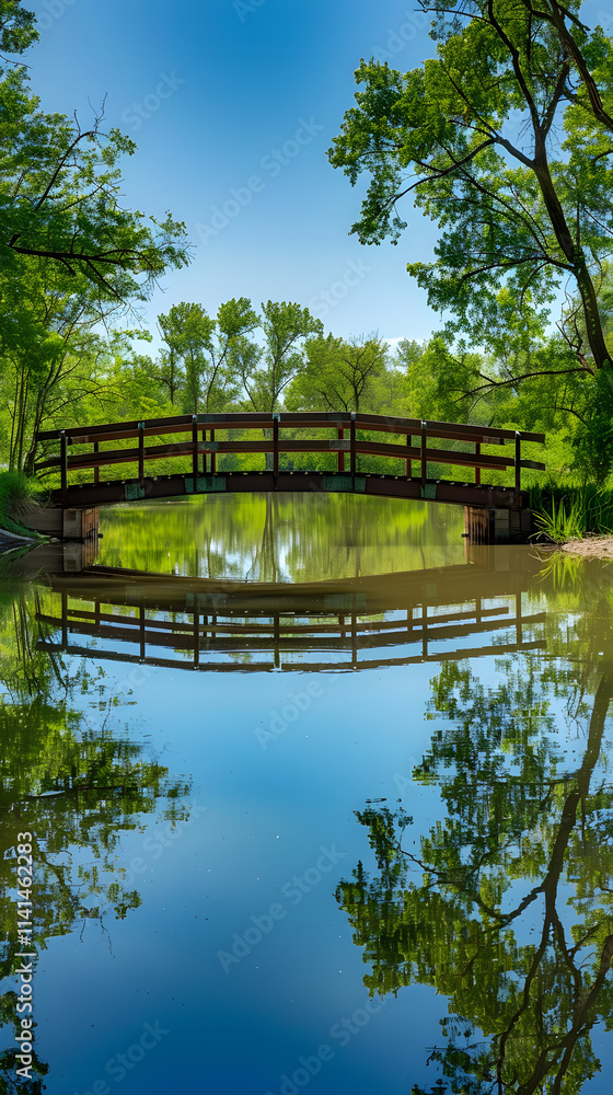 Harmonious Balance: A Symmetrical Bridge Reflecting on Calm Water Surrounded by Lush Greenery and Clear Sky