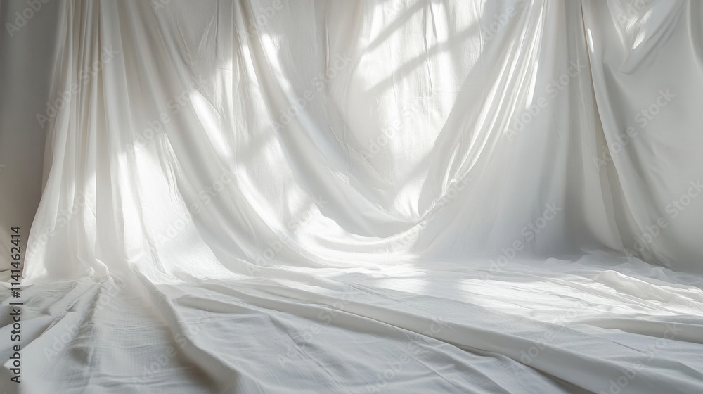 Draped white fabric with soft light, creating gentle folds and shadows. Perfect background for minimalist product photography or serene mood boards. Draped white fabric with soft light, creating gentle folds and shadows. Perfect background for minimalist product photography or serene mood boards.