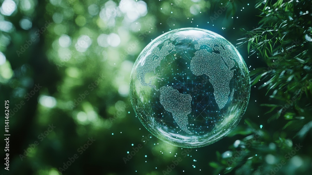 A translucent globe with a world map floats amidst lush greenery, symbolizing the harmony between nature and technology. A translucent globe with a world map floats amidst lush greenery, symbolizing the harmony between nature and technology.