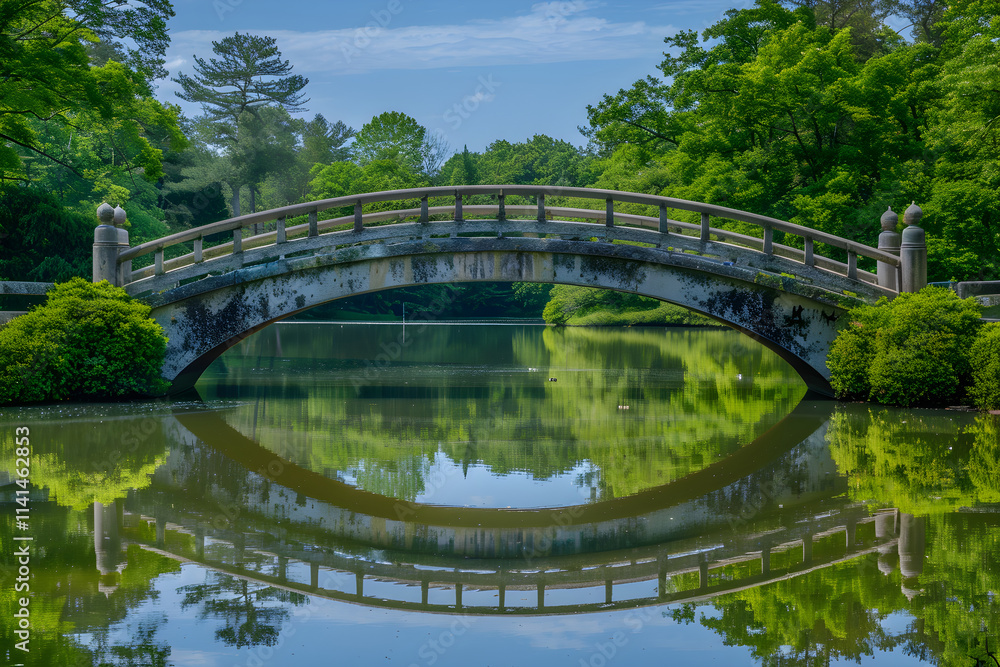 Harmonious Balance: A Symmetrical Bridge Reflecting on Calm Water Surrounded by Lush Greenery and Clear Sky Harmonious Balance: A Symmetrical Bridge Reflecting on Calm Water Surrounded by Lush Greenery and Clear Sky