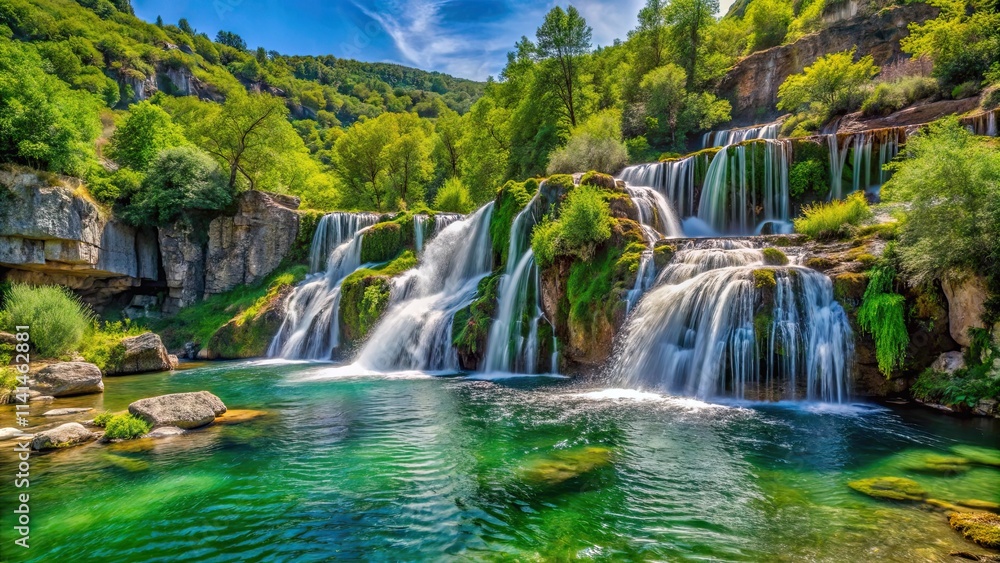 Beautiful cascading waterfall on the Vis river in the Cevennes mountains, cascade, Vis river, Cevennes, mountains, nature Beautiful cascading waterfall on the Vis river in the Cevennes mountains, cascade, Vis river, Cevennes, mountains, nature