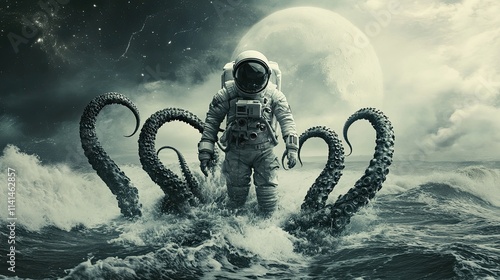 An astronaut standing on the ocean, with the moon in the background and large tentacles reaching out from it photo