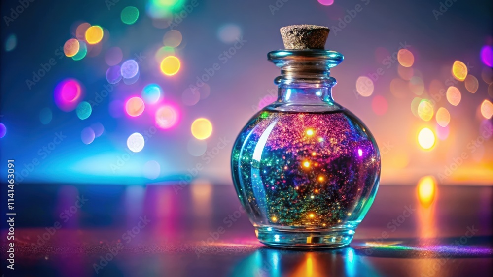 A Glass Bottle Filled with Glittering Liquid and Shimmering Lights A Glass Bottle Filled with Glittering Liquid and Shimmering Lights