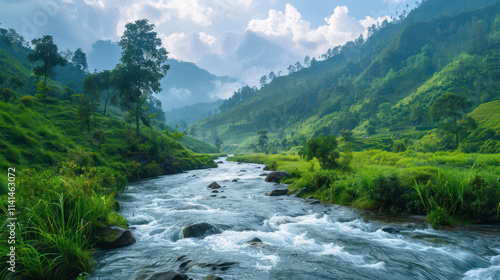 Breathtaking river flowing through lush green hills and valleys, creating serene atmosphere