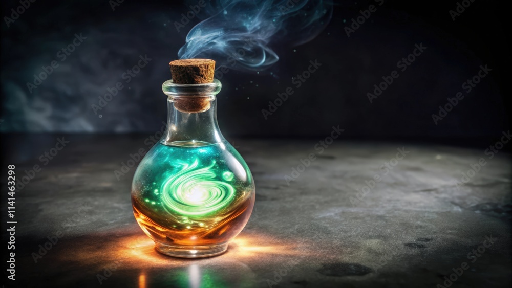 A Glass Bottle Filled with Glowing Green Liquid, Smoke Rising from its Cork A Glass Bottle Filled with Glowing Green Liquid, Smoke Rising from its Cork