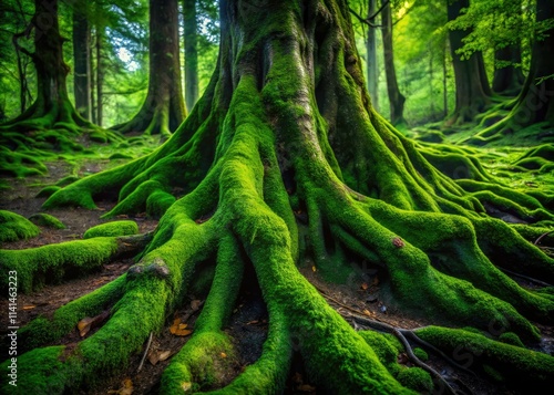 Discover breathtaking images of moss-draped roots. Nature's captivating embrace.  Explore mossy wonders. photo