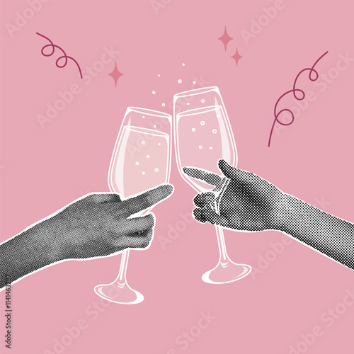 Trendy halftone collage. Concept of celebration, congratulations , fun. Contour drawing of glasses. Hands holding glasses with sparkling wine. Illustration for greeting cards, invitations, menu design