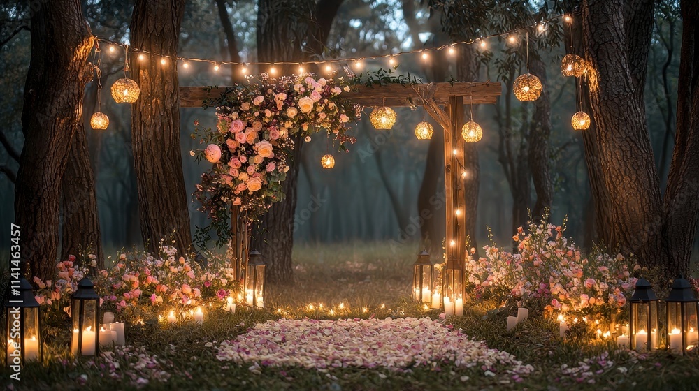 A magical forest wedding ceremony at twilight, with a rustic wooden arch adorned with flowers and lanterns. String lights drape across the trees, creating an intimate and enchanting atmosphere. A magical forest wedding ceremony at twilight, with a rustic wooden arch adorned with flowers and lanterns. String lights drape across the trees, creating an intimate and enchanting atmosphere.