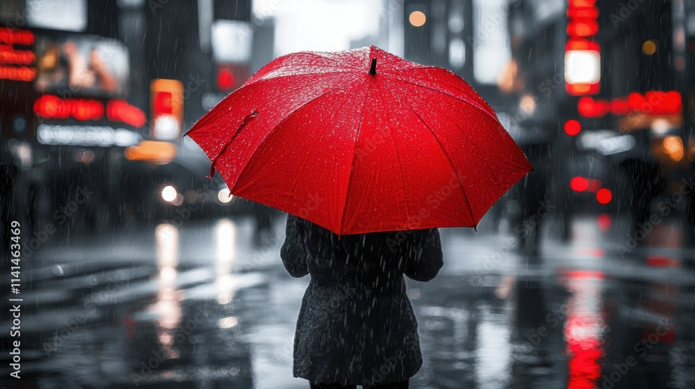 bright red umbrella held by a person standing alone in the middle of a busy city street. The scene is shot during heavy rainfall, with the cityscape rendered in monochrome black, bright red umbrella held by a person standing alone in the middle of a busy city street. The scene is shot during heavy rainfall, with the cityscape rendered in monochrome black,