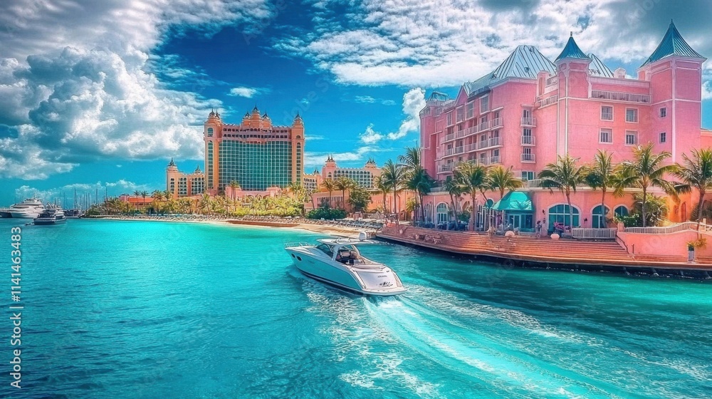 Fototapeta premium Speedboat cruising in the turquoise ocean waters